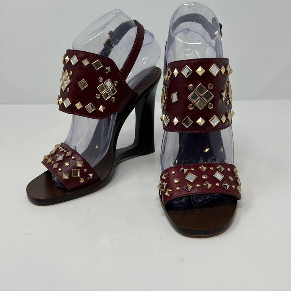 Tory Burch Women's Size 7 Kingsbridge Studded Open Toe Wedge Maroon Sandals - Picture 3 of 15